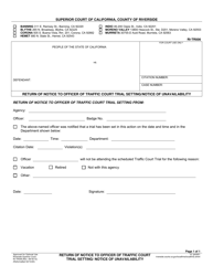 Document preview: Form RI-TR006 Return of Notice to Officer of Traffic Court Trial Setting/Notice of Unavailability - County of Riverside, California