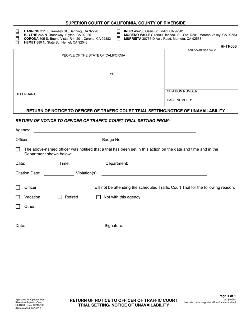 Form RI-TR006 Return of Notice to Officer of Traffic Court Trial Setting / Notice of Unavailability - County of Riverside, California, Page 1