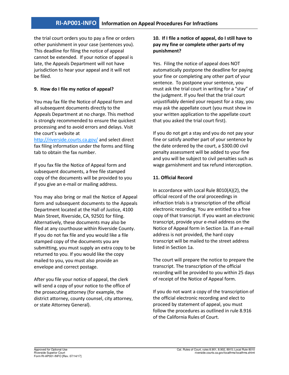 Form RI-AP001 Notice of Appeal and Record of Oral Proceedings (Infraction) - County of Riverside, California, Page 2