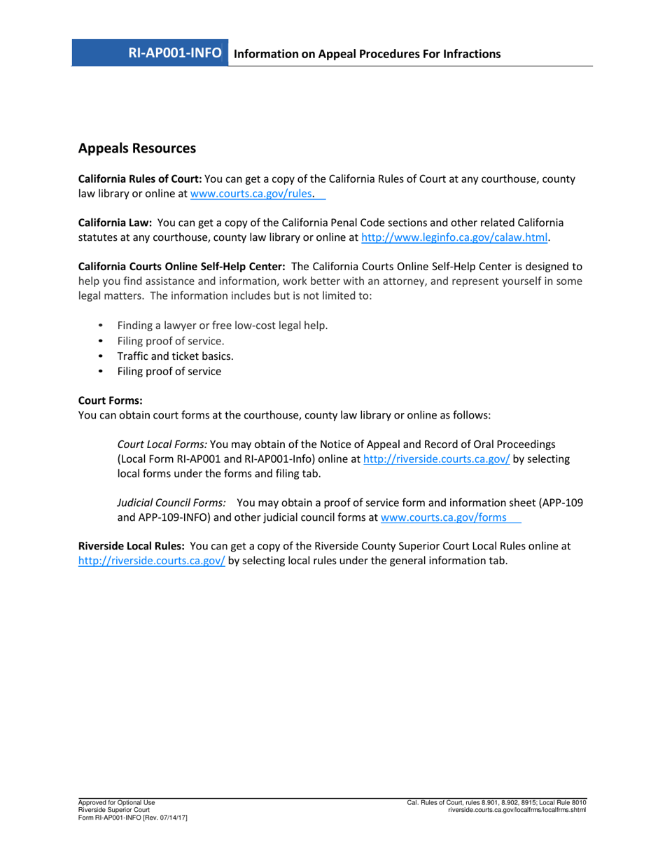 Form RI-AP001 Notice of Appeal and Record of Oral Proceedings (Infraction) - County of Riverside, California, Page 3