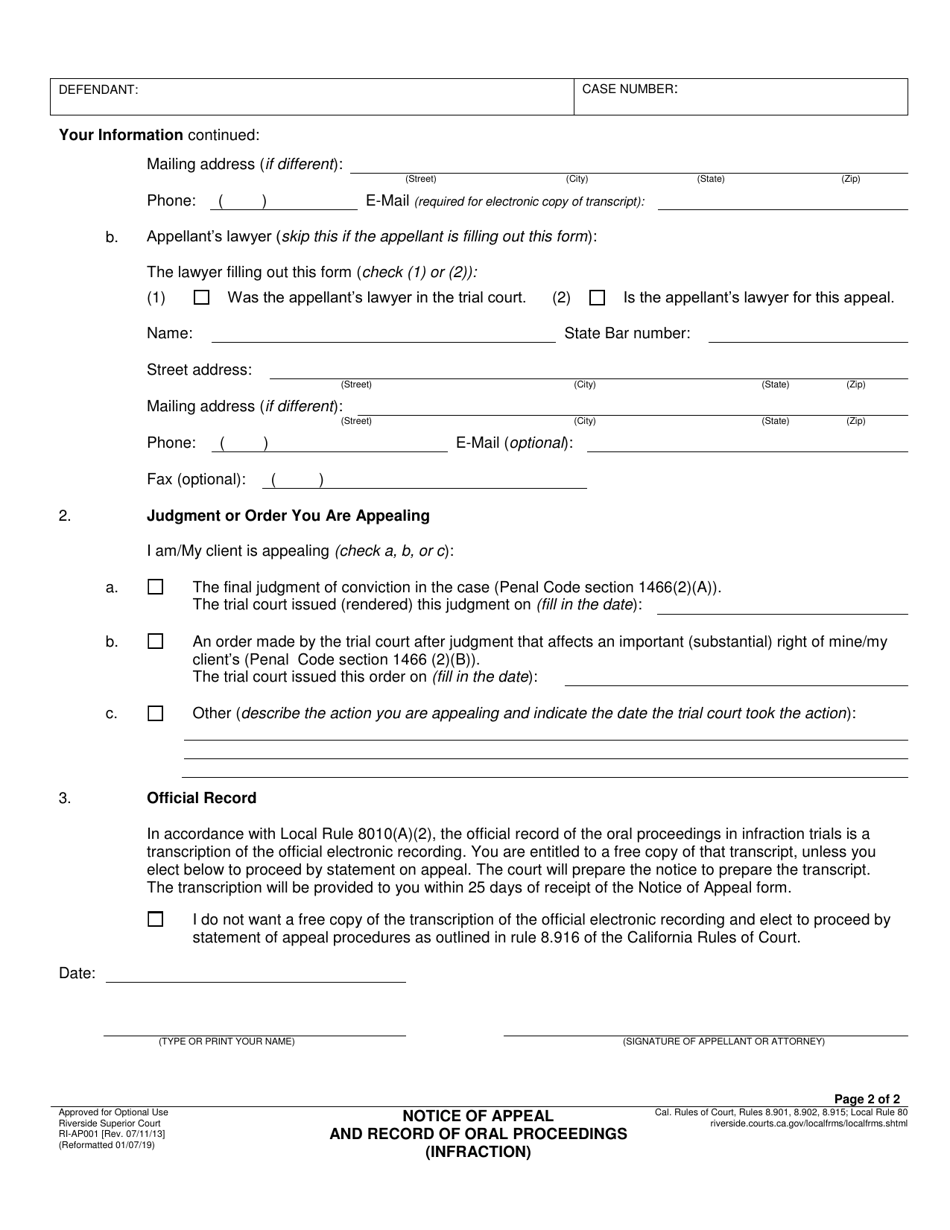 Form RI-AP001 Notice of Appeal and Record of Oral Proceedings (Infraction) - County of Riverside, California, Page 5