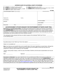 Form RI-TR002 Law Enforcement Officer&#039;s Request for Postponement of Traffic Court Trial - County of Riverside, California