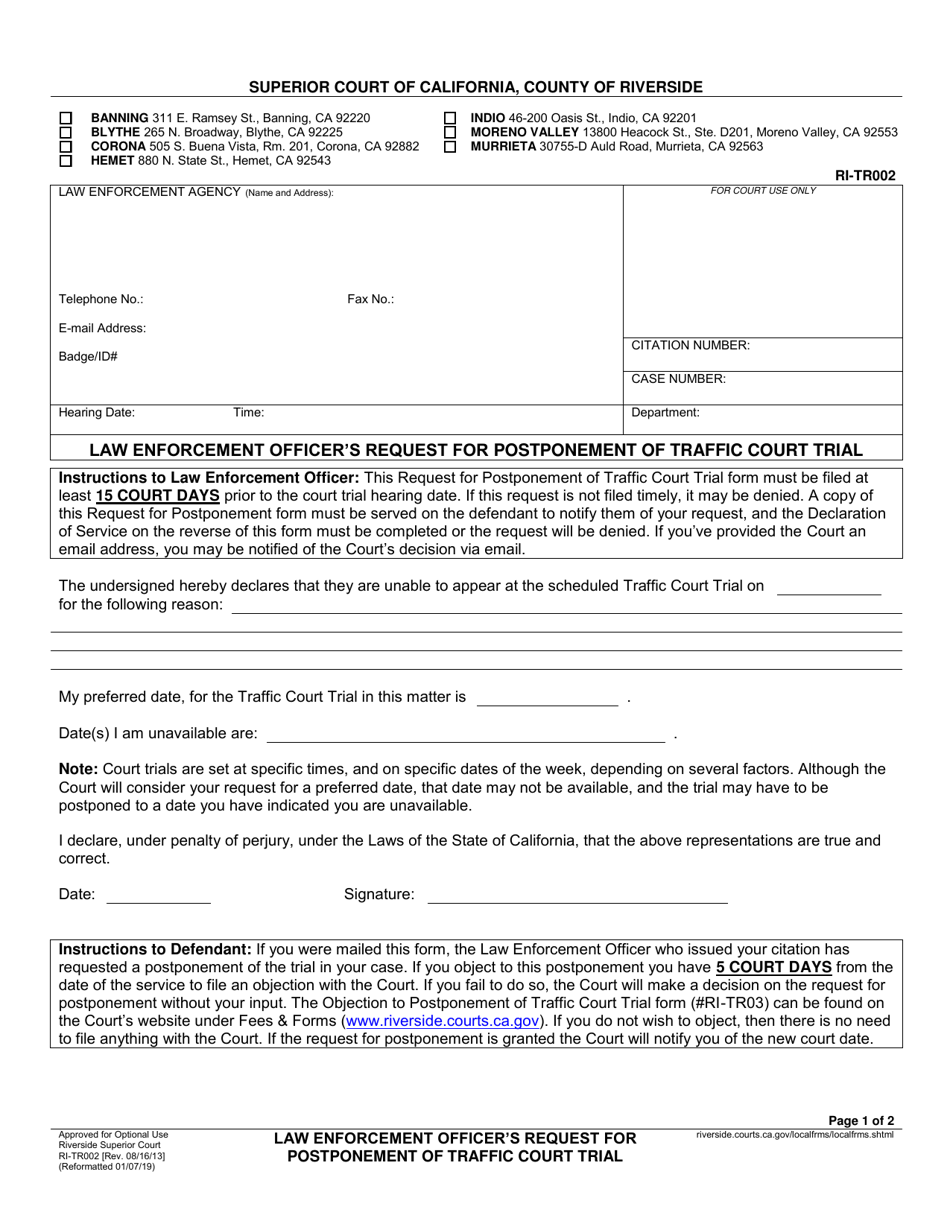 Form RI-TR002 Law Enforcement Officers Request for Postponement of Traffic Court Trial - County of Riverside, California, Page 1