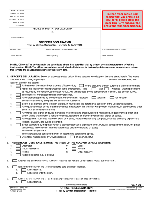 Form RI-TR007 Officer's Declaration - County of Riverside, California