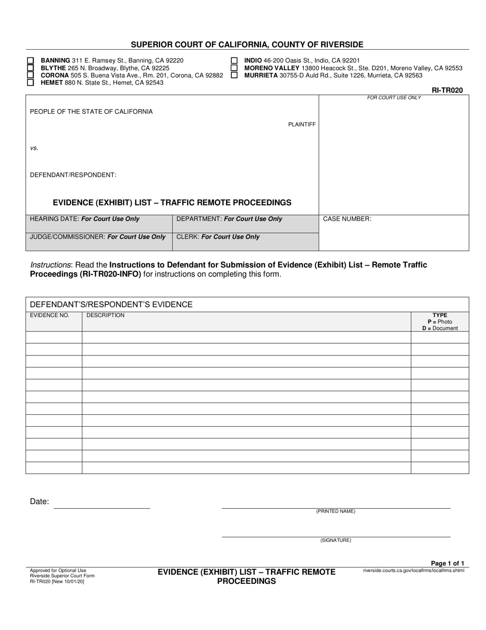 Form RI-TR020 Evidence (Exhibit) List - Traffic Remote Proceedings - County of Riverside, California, Page 1