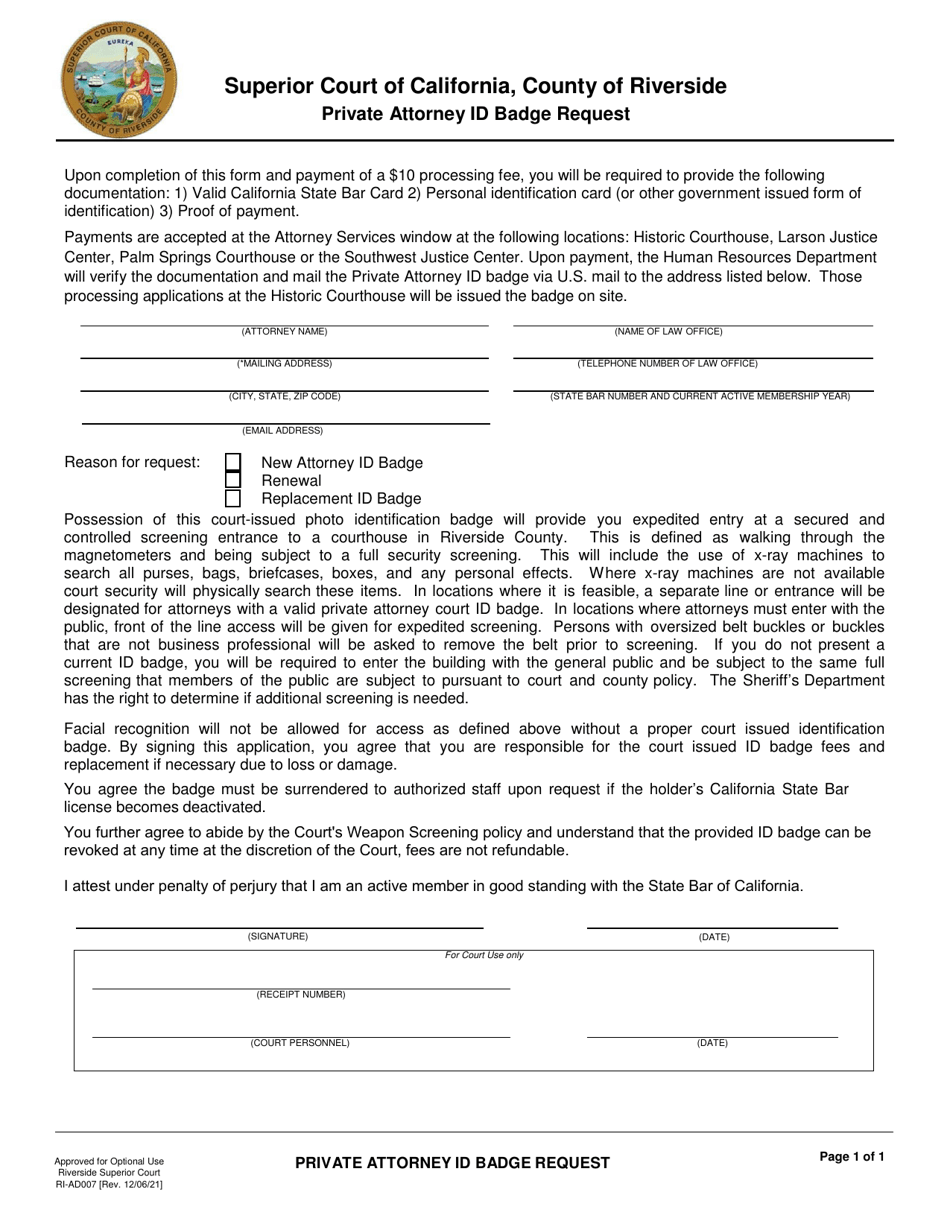 Form RI-AD007 Private Attorney Id Badge Request - County of Riverside, California, Page 1