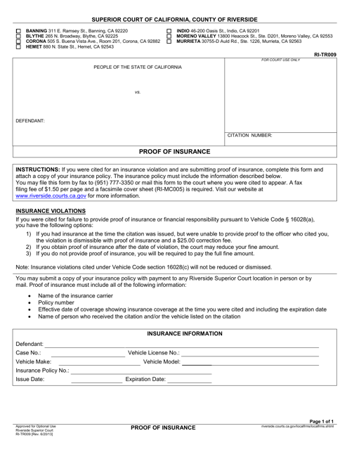 Form RI-TR009 Proof of Insurance - County of Riverside, California