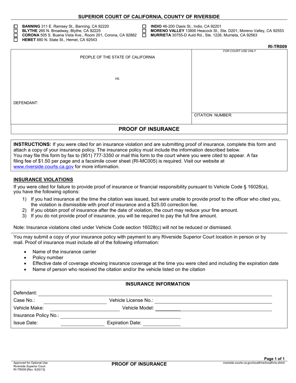 Form RI-TR009 Proof of Insurance - County of Riverside, California, Page 1