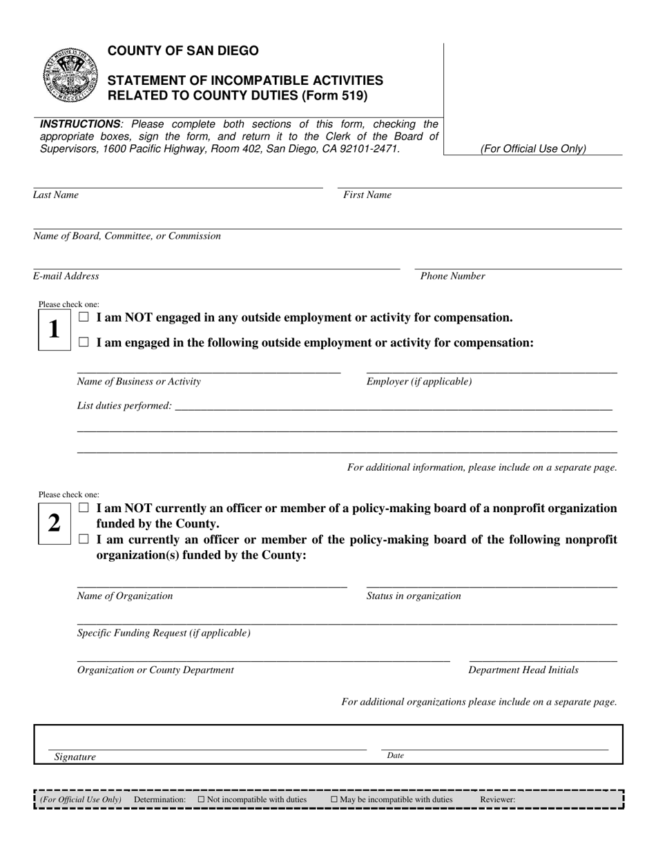 Form 519 Statement of Incompatible Activities Related to County Duties - County of San Diego, California, Page 1