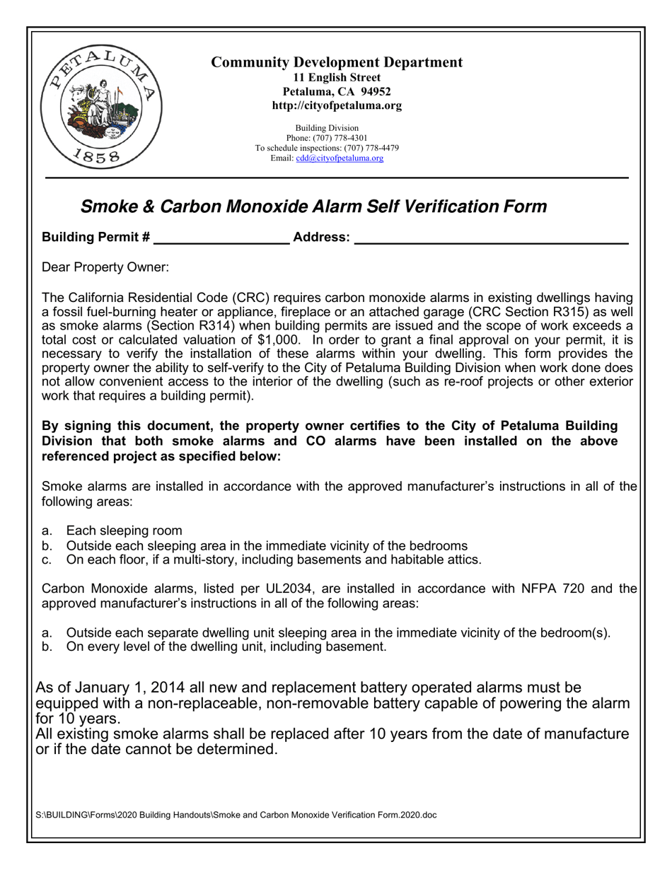 Smoke  Carbon Monoxide Alarm Self Verification Form - City of Petaluma, California, Page 1