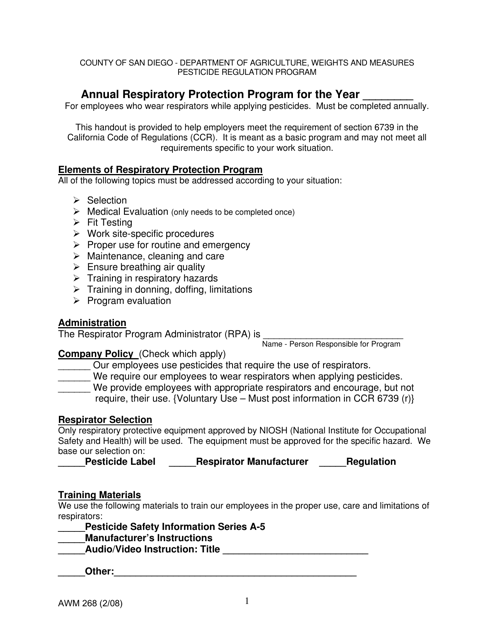 Form AWM268 Annual Respiratory Protection Program - County of San Diego, California