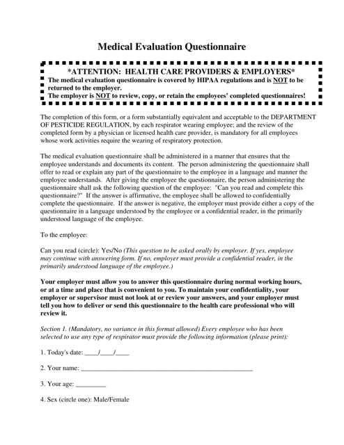 Medical Evaluation Questionnaire - County of San Diego, California Download Pdf