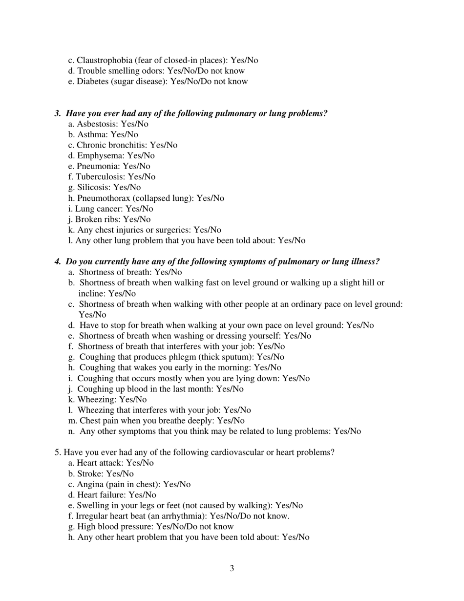 Medical Evaluation Questionnaire - County of San Diego, California, Page 3