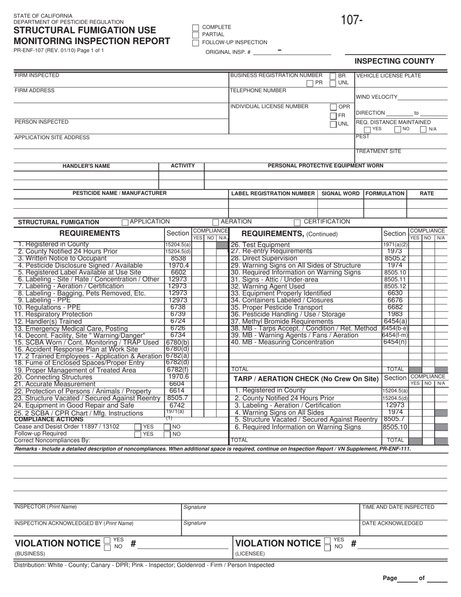 Form PR-ENF-107 Structural Fumigation Use Monitoring Inspection Report - California, Page 1