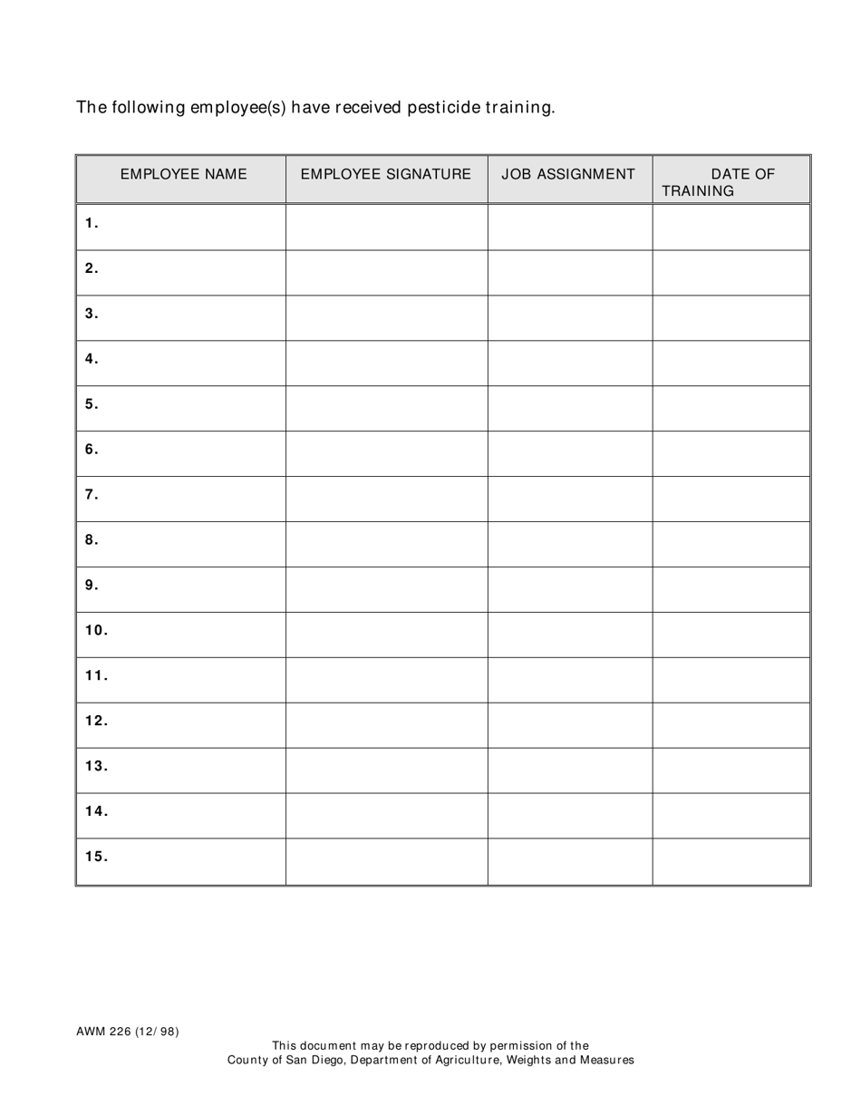 Form AWM226 Pesticide Safety Training Record - County Of San Diego, California, Page 2
