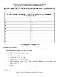 Document preview: Formulario AWM226 Registro De Entrenamiento De Seguridad Con Los Pesticidas - County of San Diego, California (Spanish)