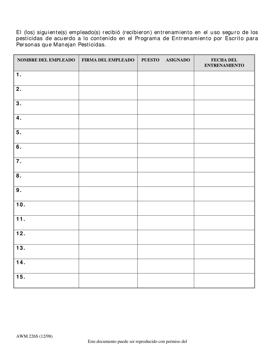 Formulario AWM226 Registro De Entrenamiento De Seguridad Con Los Pesticidas - County of San Diego, California (Spanish), Page 2