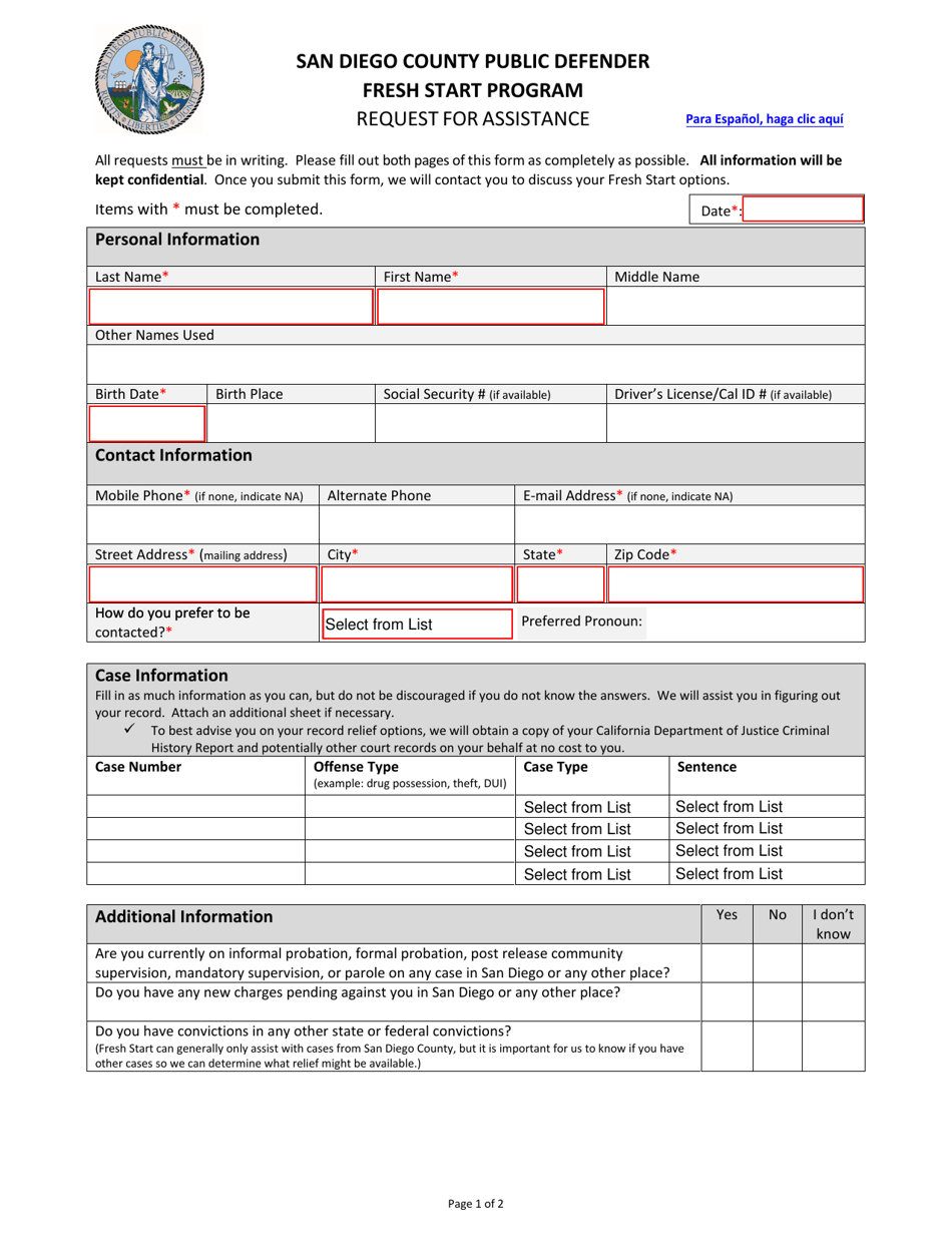 Request for Assistance - Fresh Start Program - County of San Diego, California, Page 1