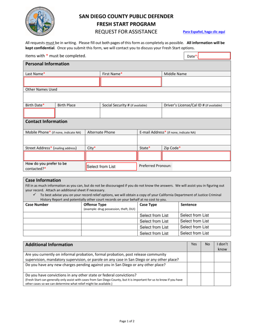 Request for Assistance - Fresh Start Program - County of San Diego, California Download Pdf