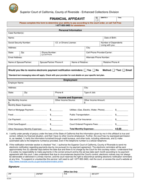 Form EC004 Financial Affidavit - County of Riverside, California