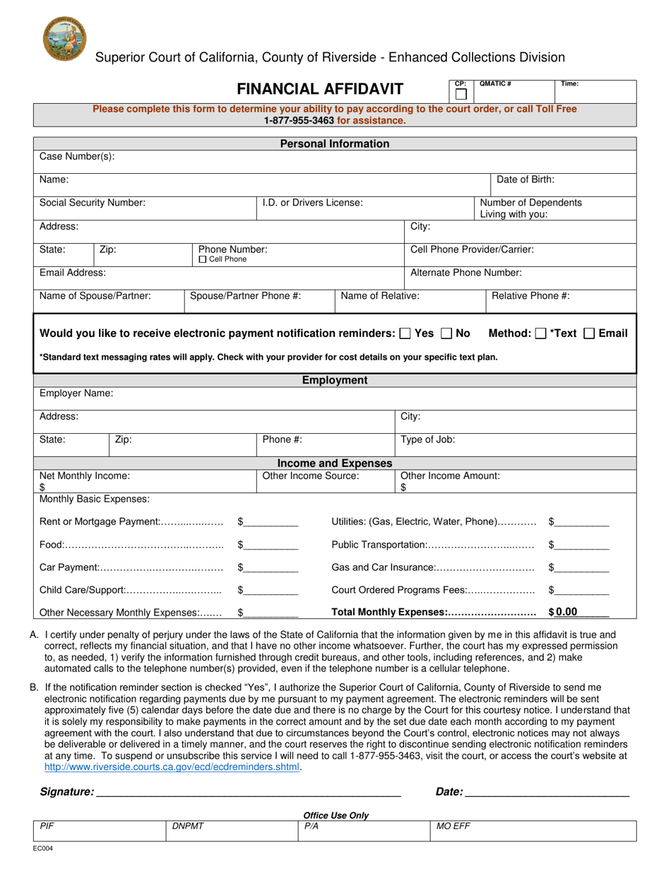 Form EC004 Financial Affidavit - County of Riverside, California, Page 1