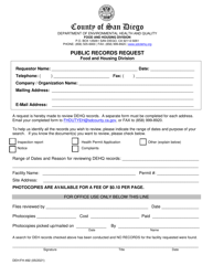 Document preview: Form DEH:FH-492 Public Records Request - County of San Diego, California