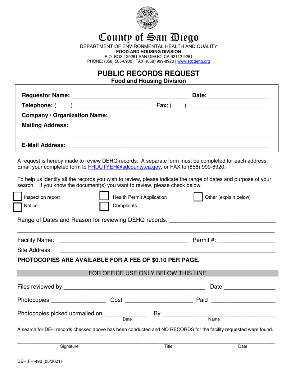 Form DEH:FH-492 Public Records Request - County of San Diego, California, Page 1