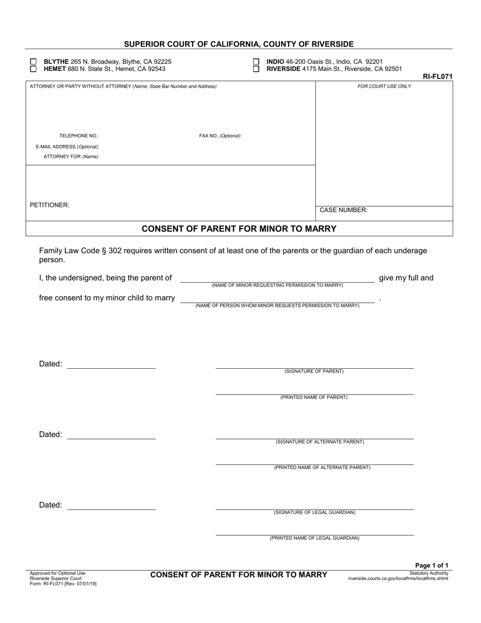 Form RI-FL071 Consent of Parent for Minor to Marry - County of Riverside, California, Page 1