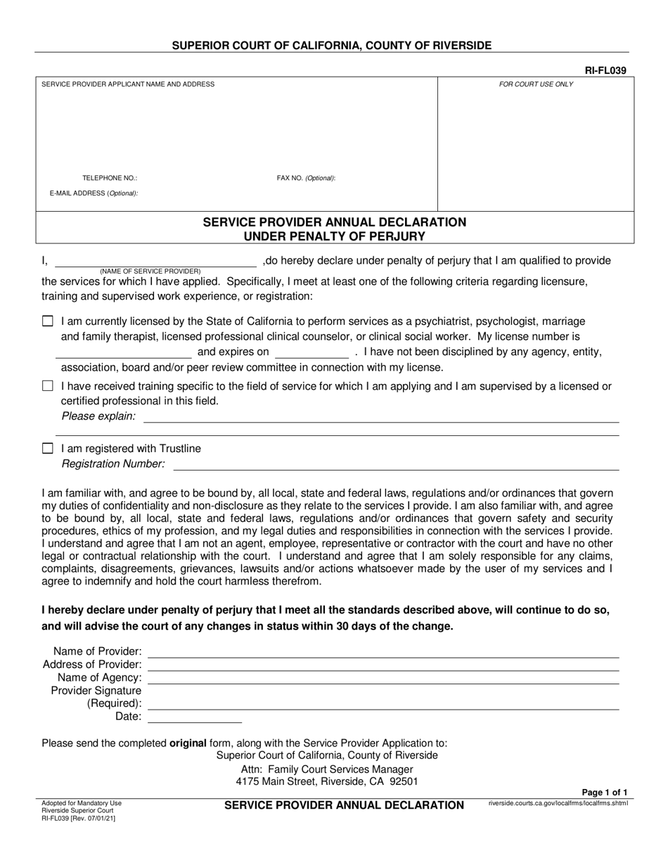 Form RI-FL039 Service Provider Annual Declaration Under Penalty of Perjury - County of Riverside, California, Page 1