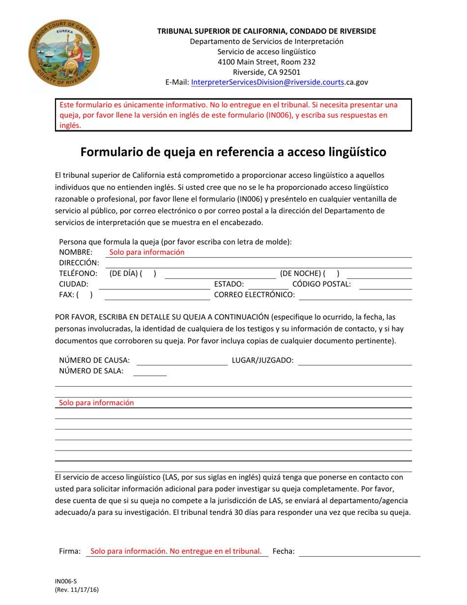 Formulario IN006 Formulario De Queja En Referencia a Acceso Linguistico - County of Riverside, California (Spanish), Page 1