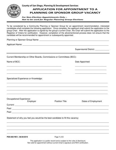 Form PDS-900 Application for Appointment to a Planning or Sponsor Group Vacancy - County of San Diego, California