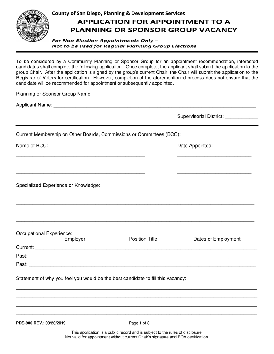 Form PDS-900 Application for Appointment to a Planning or Sponsor Group Vacancy - County of San Diego, California, Page 1