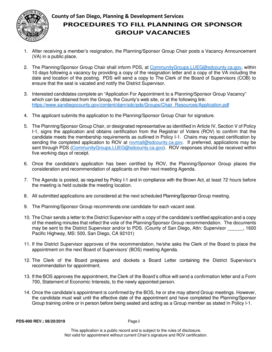 Form PDS-900 Application for Appointment to a Planning or Sponsor Group Vacancy - County of San Diego, California, Page 4