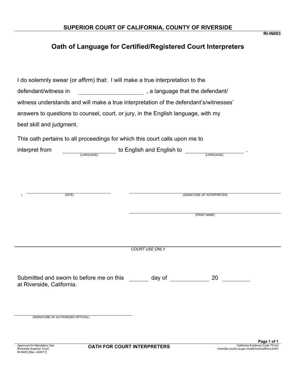 Form RI-IN003 Oath of Language for Certified / Registered Court Interpreters - County of Riverside, California, Page 1