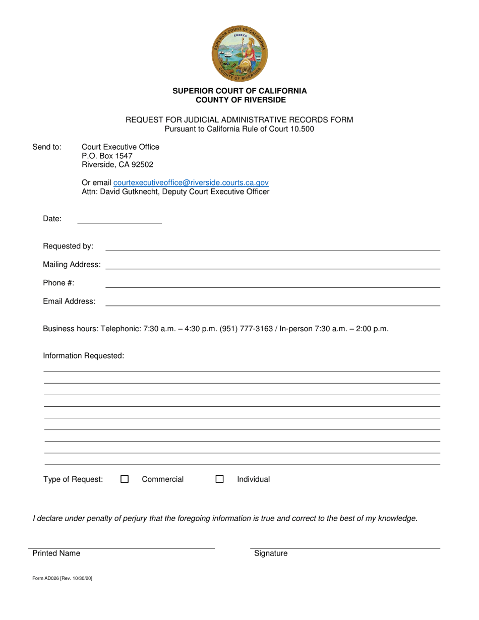 Form AD026 Request for Judicial Administrative Records Form - County of Riverside, California, Page 1