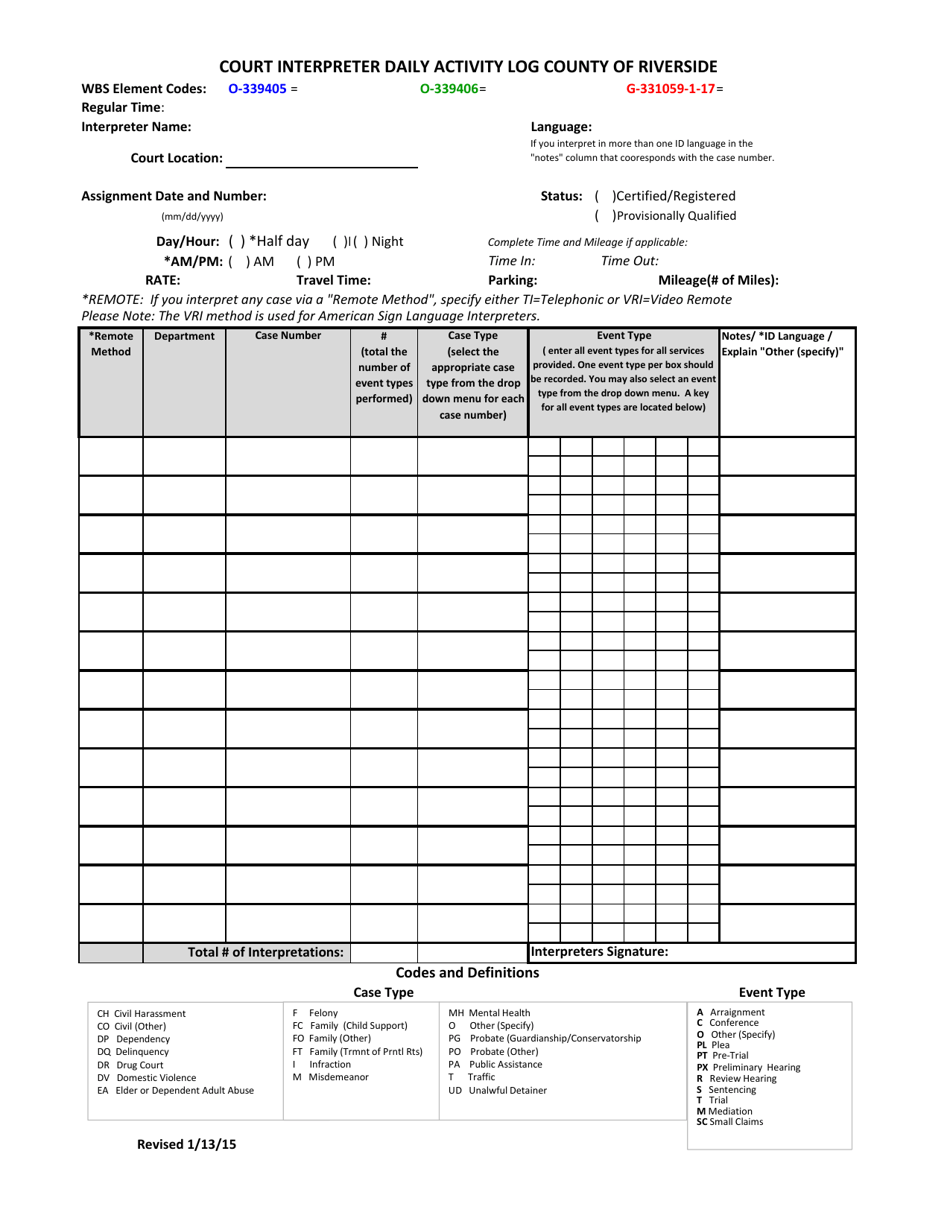 Court Interpreter Daily Activity Log - County of Riverside, California, Page 1