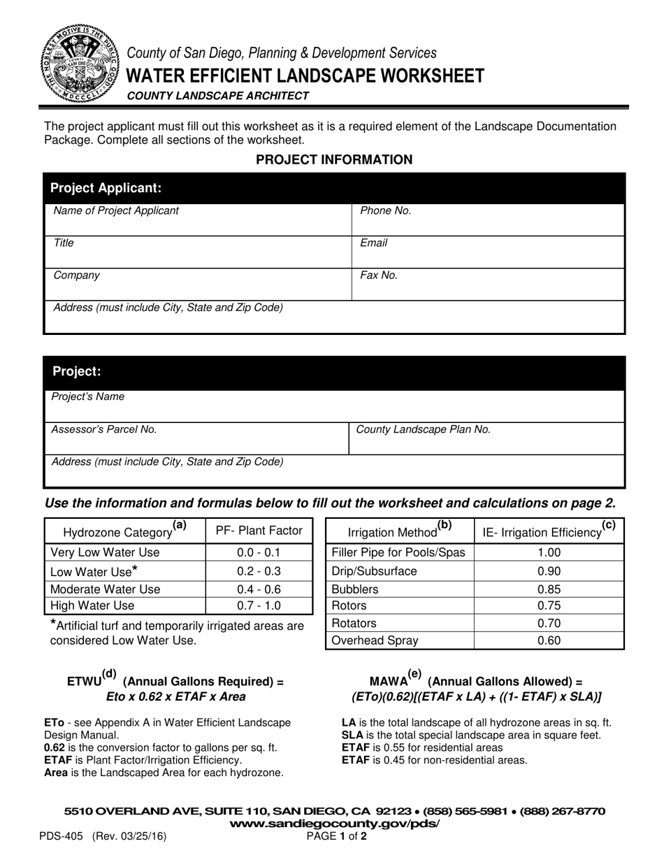 Form PDS-405 Water Efficient Landscape Worksheet - County of San Diego, California, Page 1