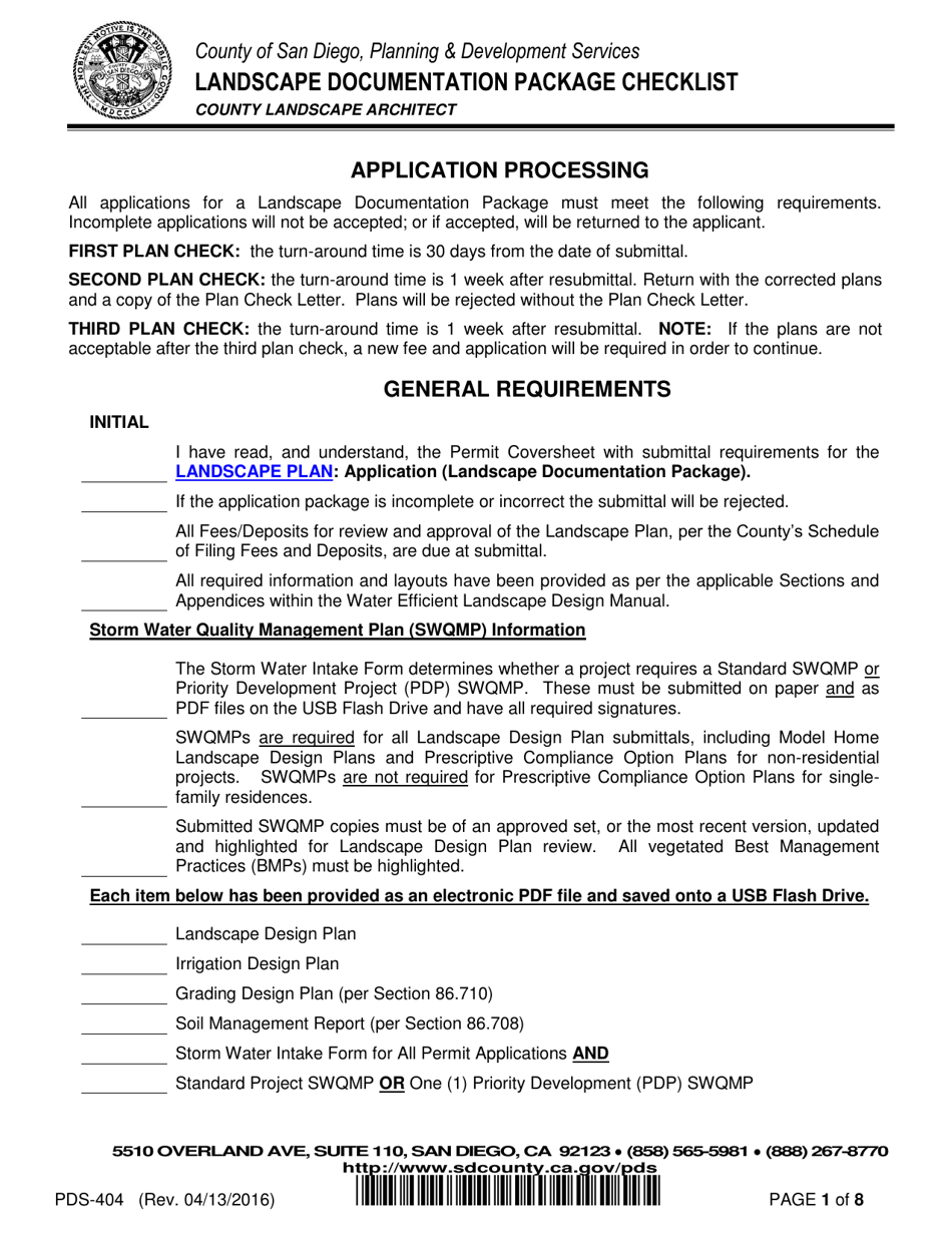 Form PDS-404 Landscape Documentation Package Checklist - County of San Diego, California, Page 1