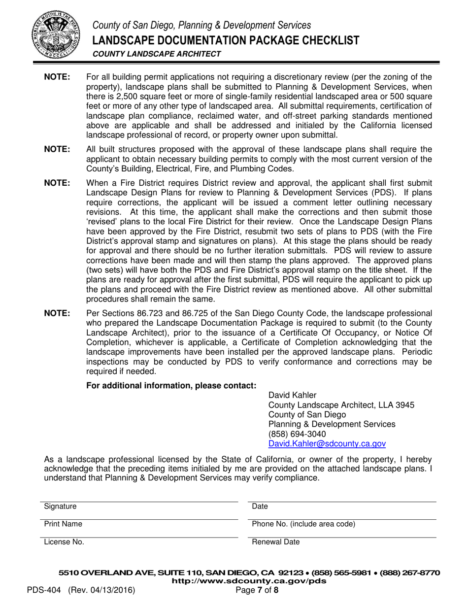 Form PDS-404 Landscape Documentation Package Checklist - County of San Diego, California, Page 7