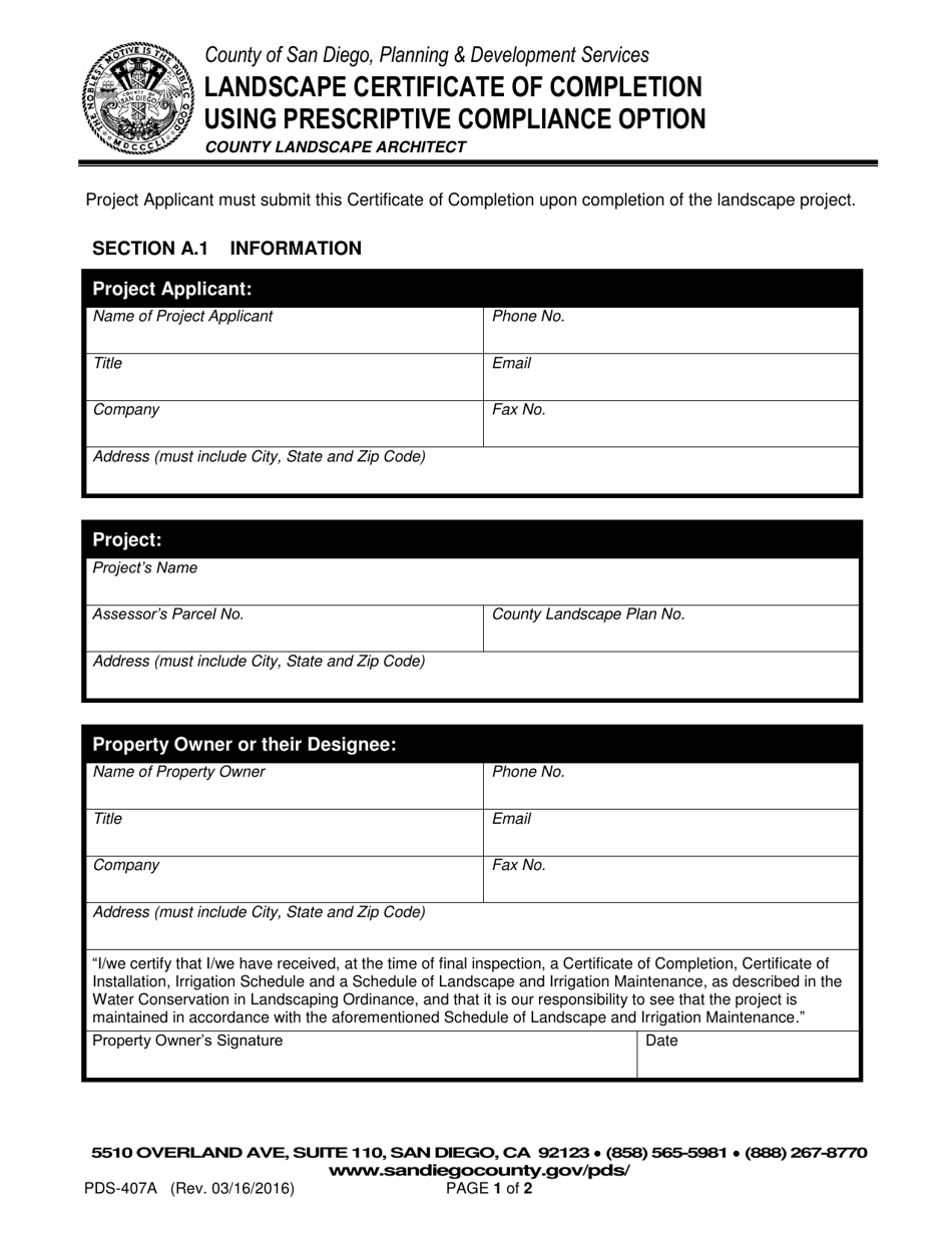 Form PDS-407A Landscape Certificate of Completion Using Prescriptive Compliance Option - County of San Diego, California, Page 1