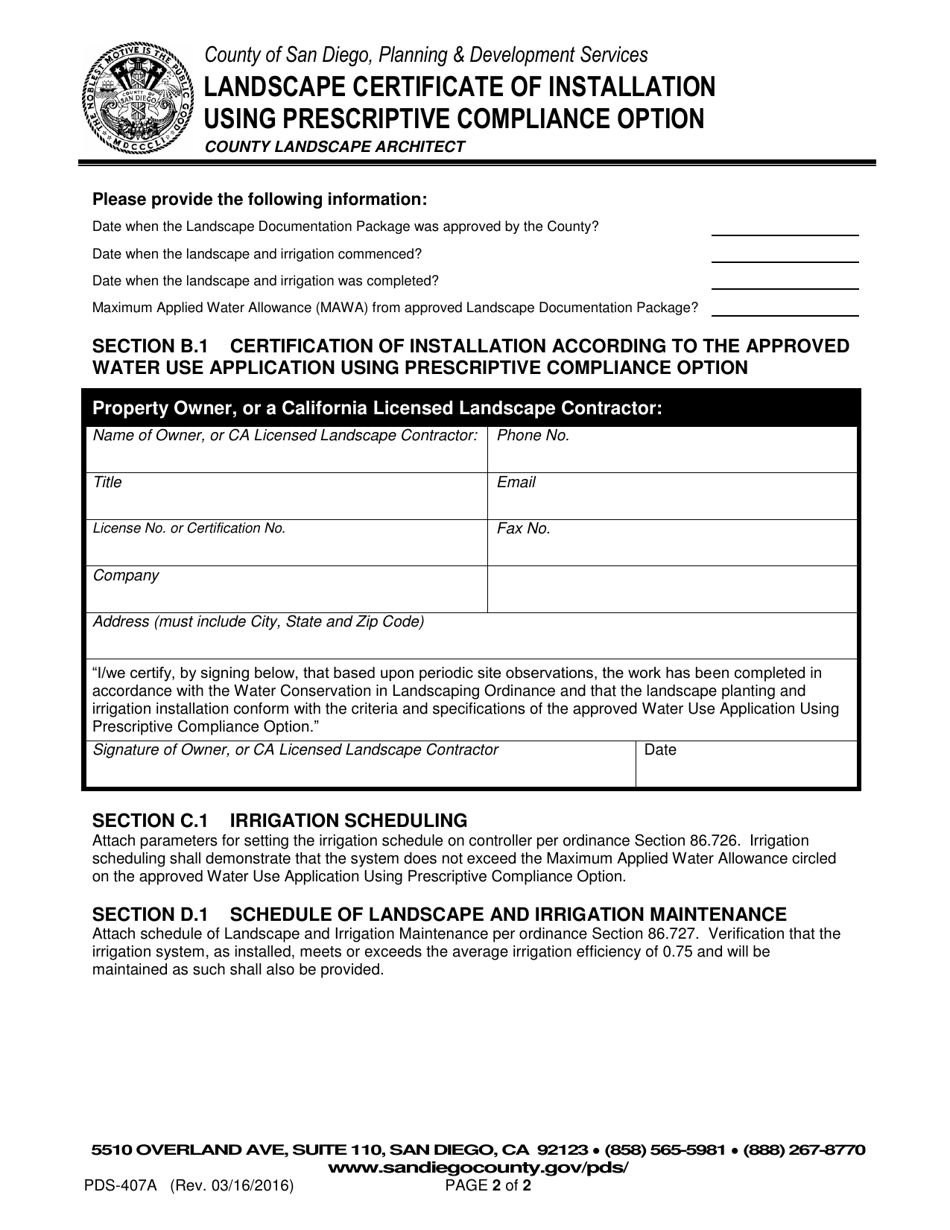 Form PDS-407A Landscape Certificate of Completion Using Prescriptive Compliance Option - County of San Diego, California, Page 2