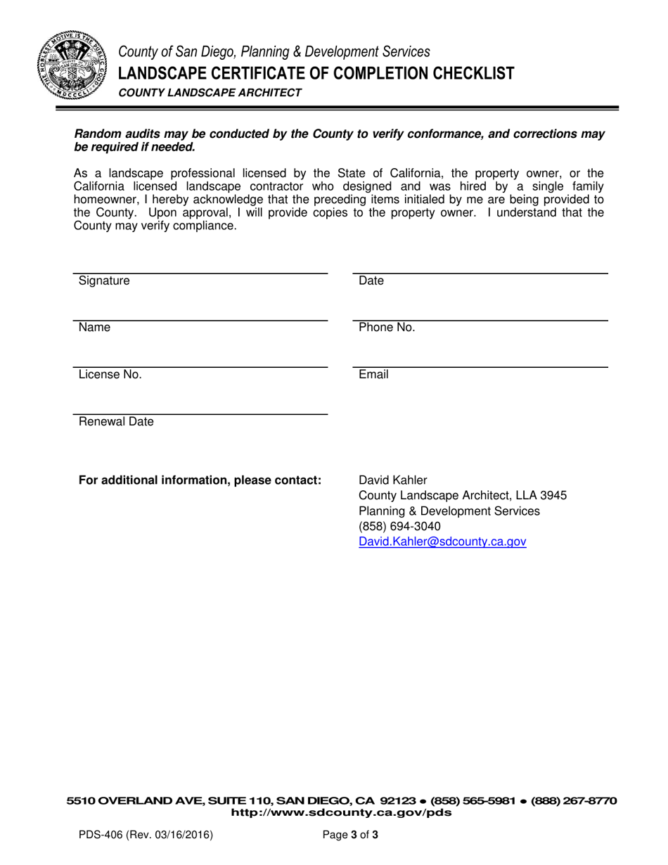 Form PDS406 Landscape Certificate of Completion Checklist - County of San Diego, California, Page 3