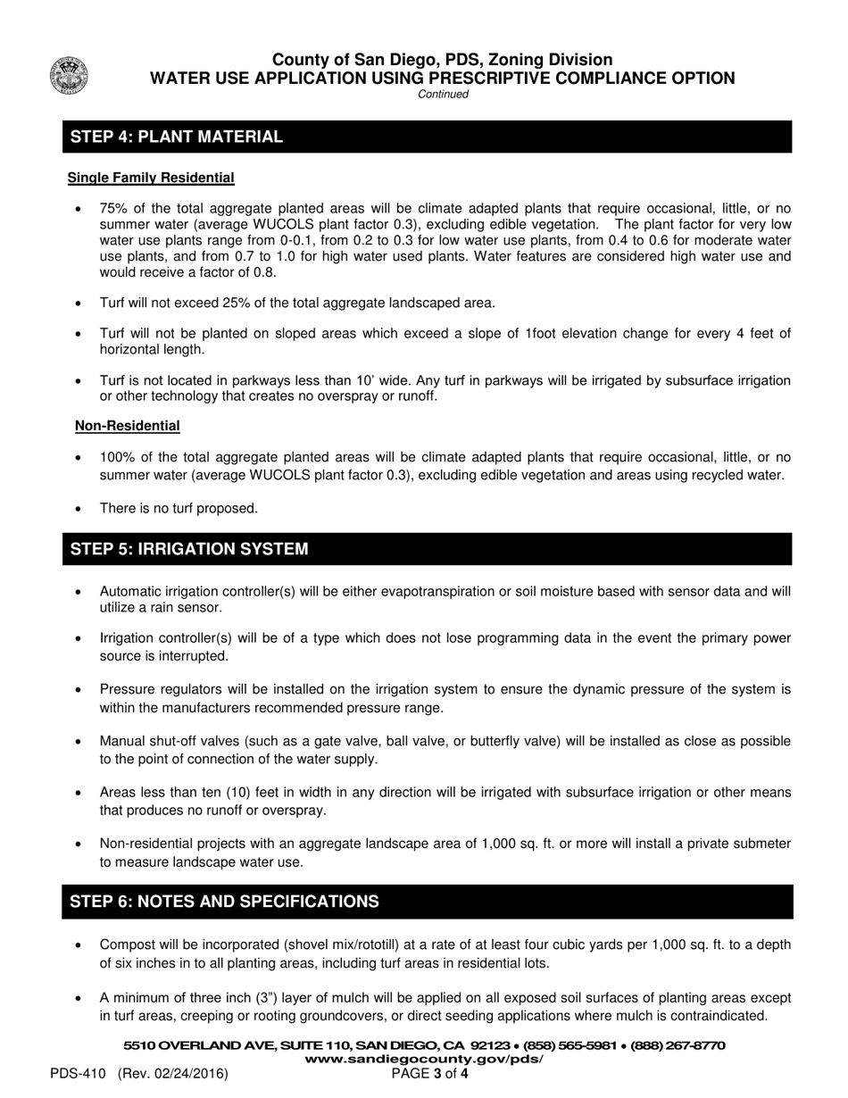Form PDS-410 Water Use Application Using Prescriptive Compliance Option - County of San Diego, California, Page 3