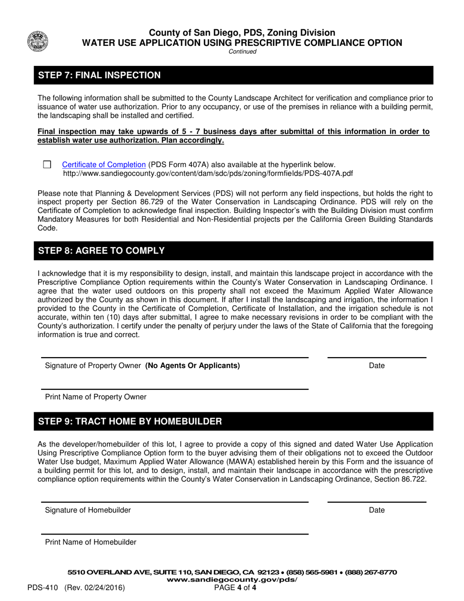 Form PDS-410 Water Use Application Using Prescriptive Compliance Option - County of San Diego, California, Page 4