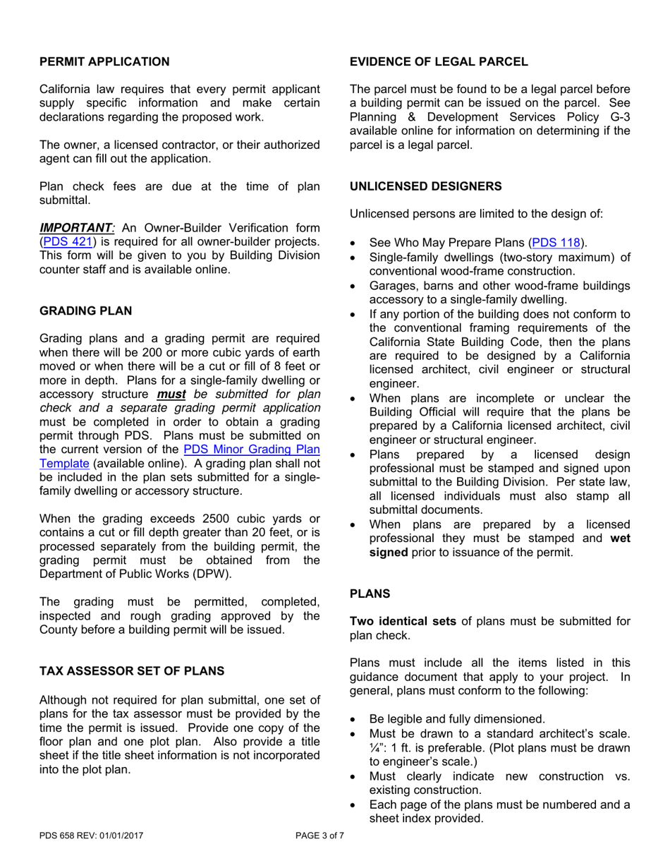Form PDS658 Minimum Essential Plan Submittal Items for Single Family Dwellings and Accessory Structures - County of San Diego, California, Page 3