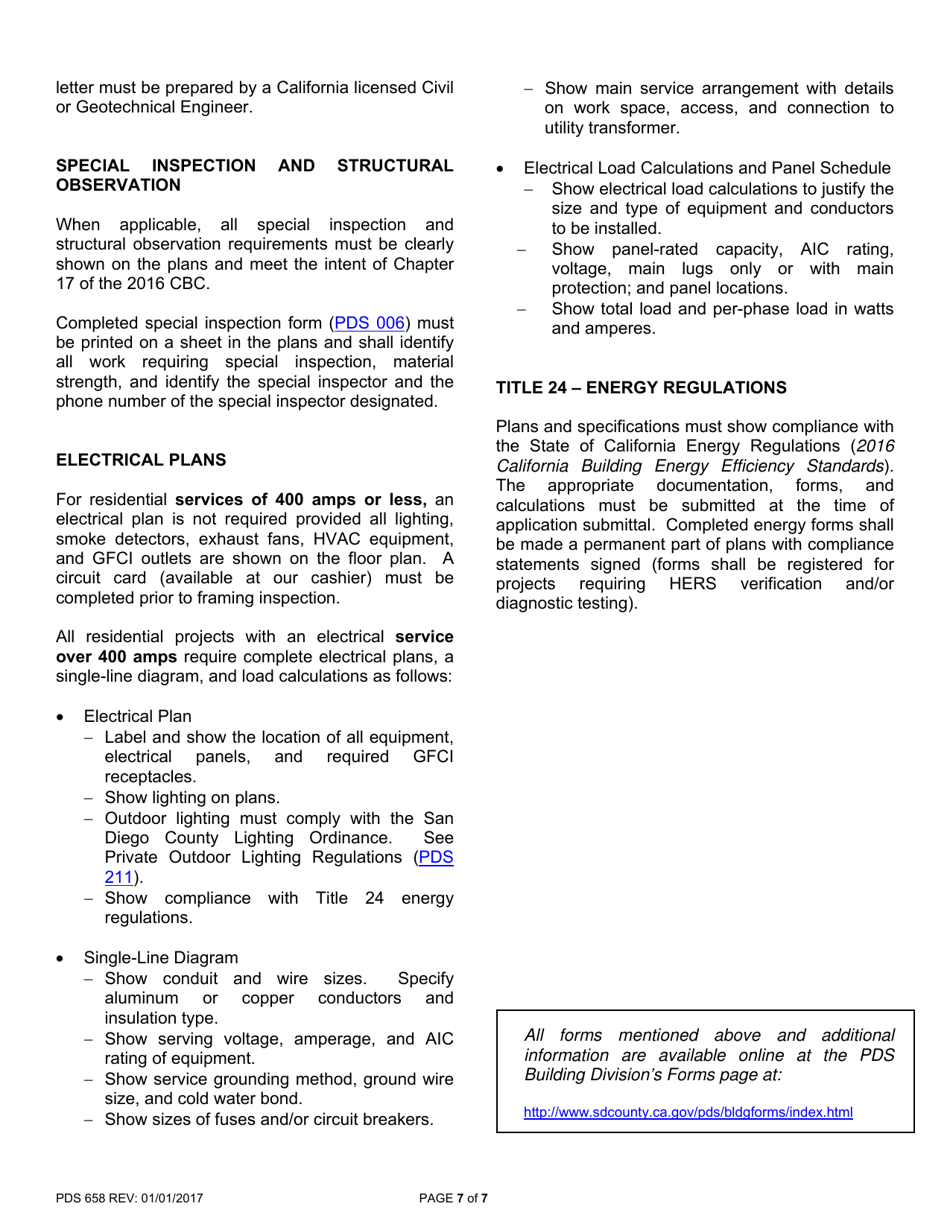 Form PDS658 Minimum Essential Plan Submittal Items for Single Family Dwellings and Accessory Structures - County of San Diego, California, Page 7