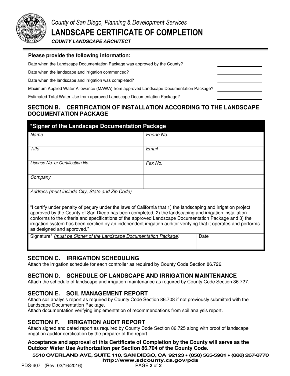 Form PDS-407 Landscape Certificate of Completion - County of San Diego, California, Page 2