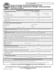 Form PDS292 Mobile Home Park/Site Permit Application - County of San Diego, California