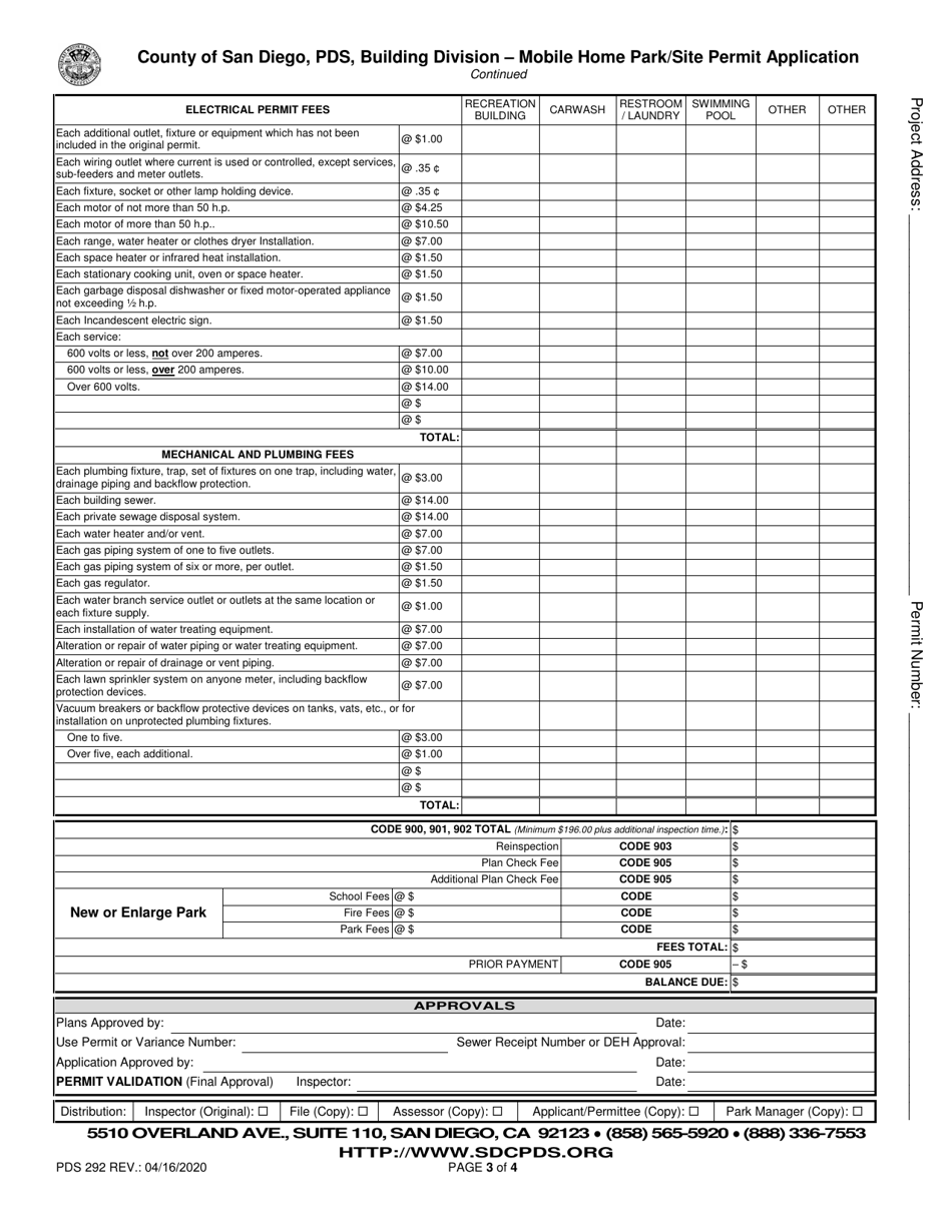 Form PDS292 Mobile Home Park / Site Permit Application - County of San Diego, California, Page 3
