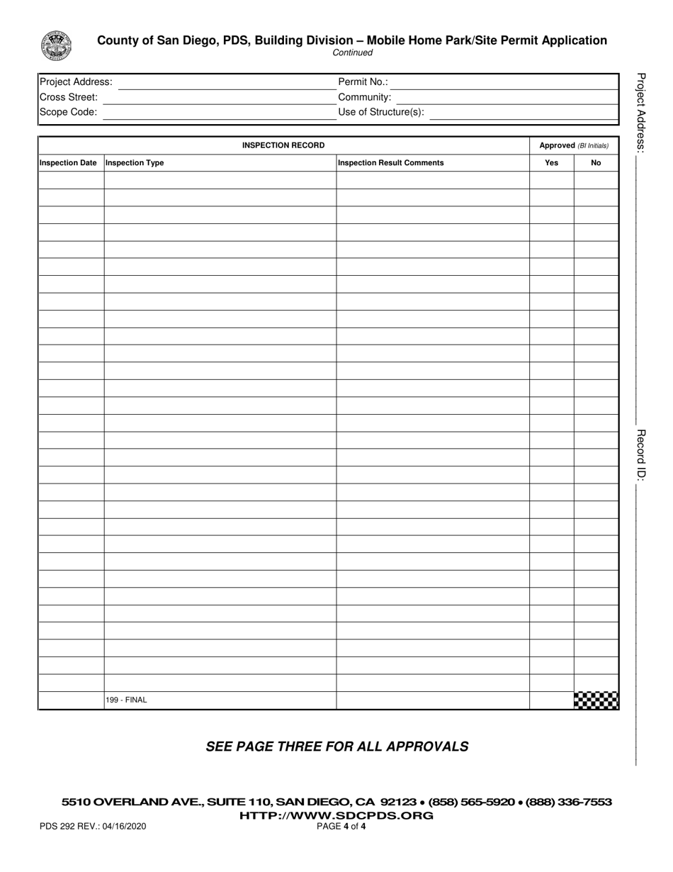 Form PDS292 Mobile Home Park / Site Permit Application - County of San Diego, California, Page 4